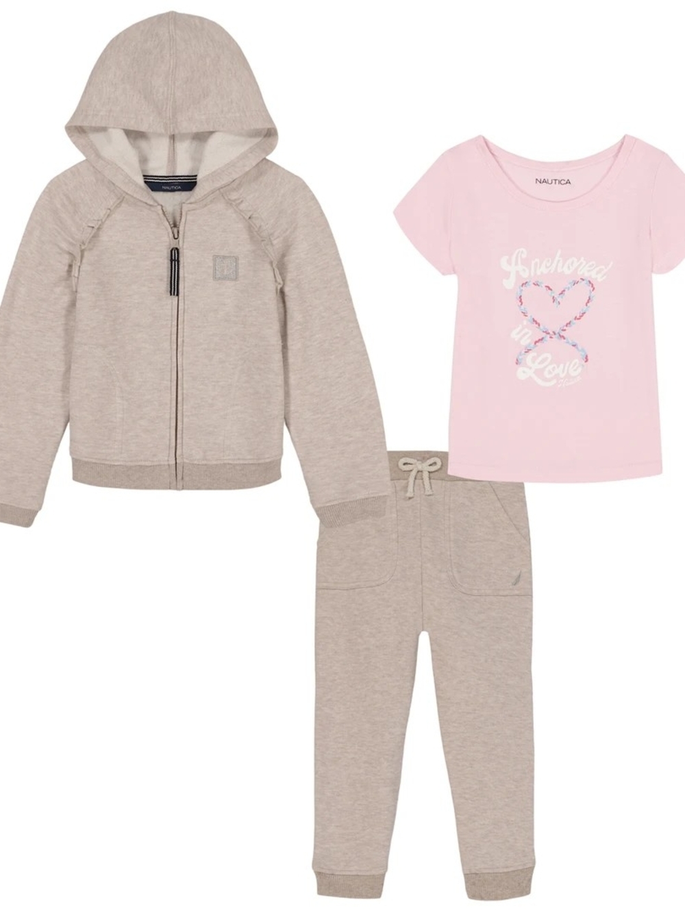 Nautica Kids Pink Tee with Beige Hoodie & Jogger Set